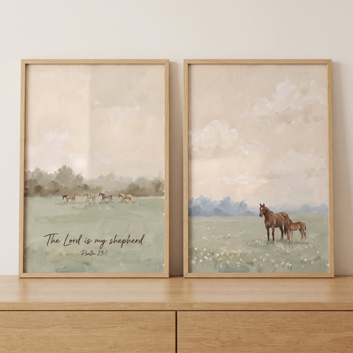 Peaceful Meadow Sage Horse Wall Art Set of 2 - Serene Shepherd Pasture