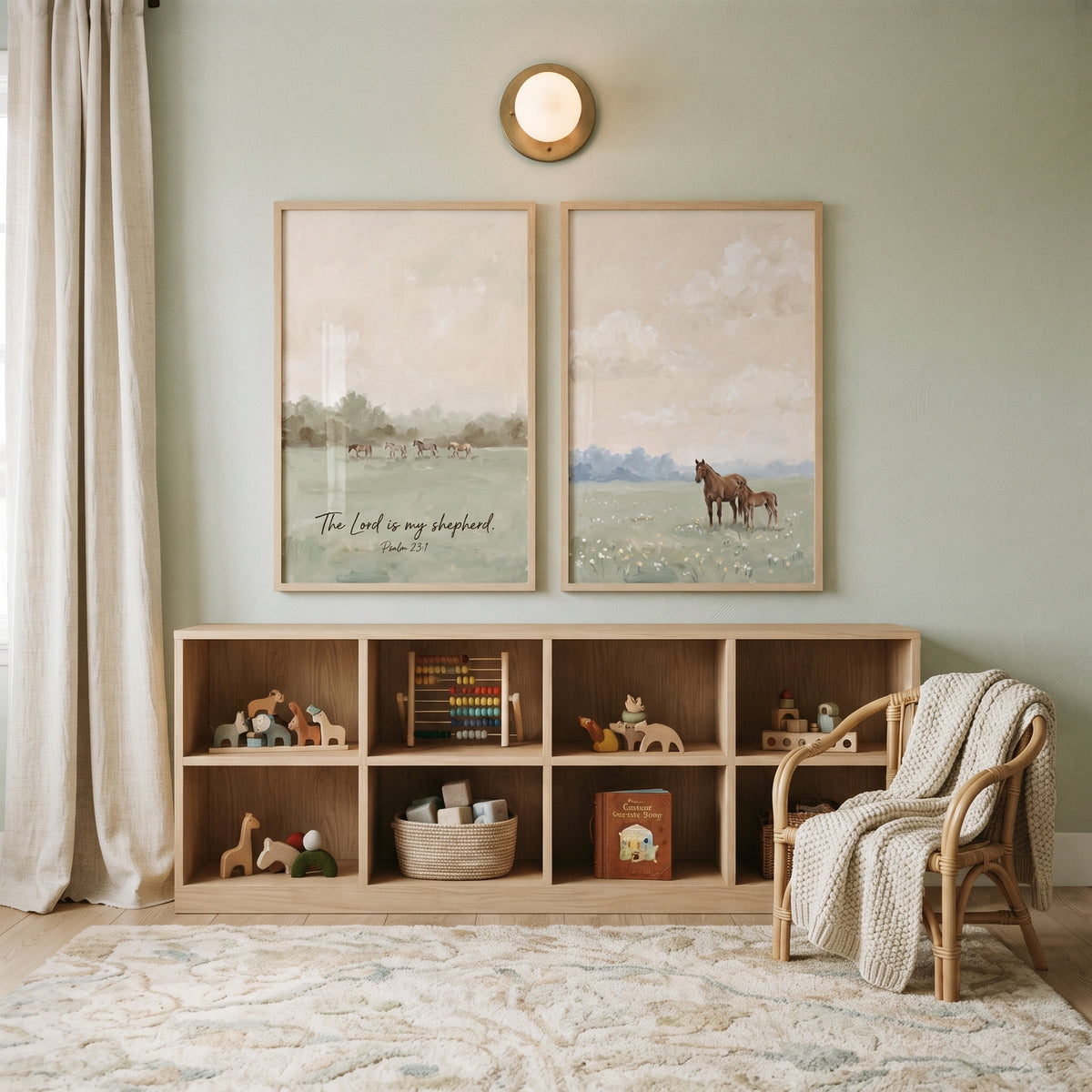 Peaceful Meadow Sage Horse Wall Art Set of 2 - Serene Shepherd Pasture