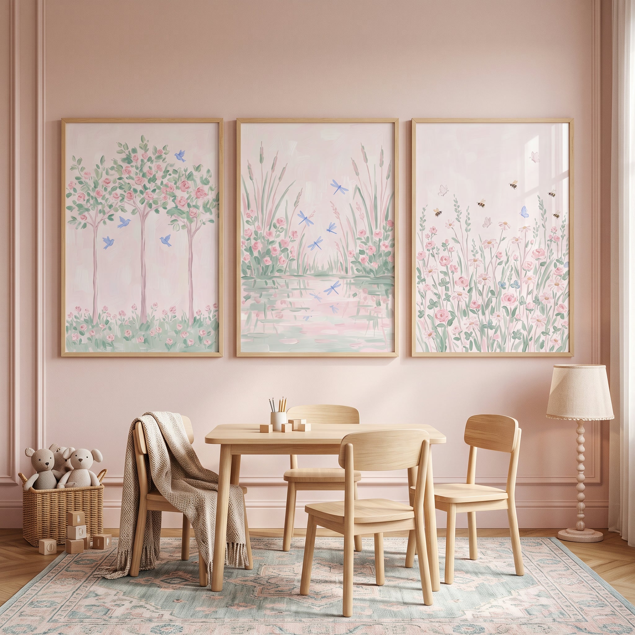 Peaceful Pink Botanical Garden Wall Art Set of 3 - Soft Garden Dreams