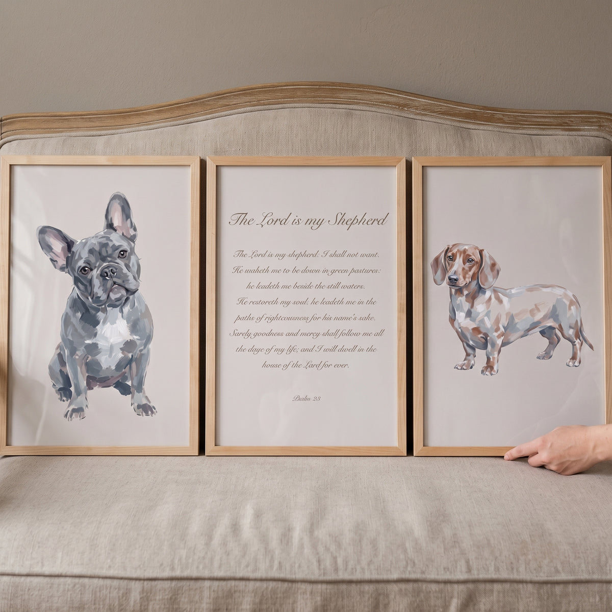 Peaceful religious pet dogs wall art set of 3 with a French bulldog, dachshund, and Psalm 23 text in wood frames.