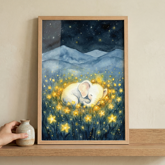 A whimsical watercolor-style illustration of a small, white elephant sleeping peacefully in a field of glowing, yellow stars. In the background, soft blue mountain ranges rest under a dark night sky filled with shimmering stars. The scene has a magical, serene atmosphere. The artwork is presented in a light wooden frame, displayed on a wooden shelf alongside a small, speckled ceramic jar. The soft brushstrokes and celestial theme create a dreamlike quality.