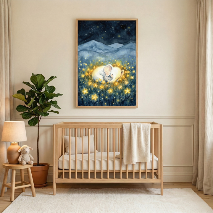 A serene nursery features a light wood crib centered against a neutral wall. Above the crib hangs a vertical wooden-framed artwork depicting a small, white cartoon elephant sleeping peacefully nestled in a field of glowing yellow star-shaped flowers under a starry night sky with soft blue mountains. To the left, a tall fiddle-leaf fig plant in a terracotta pot stands next to a small wooden stool. On the stool sits a simple lamp and a small stuffed lamb toy. 