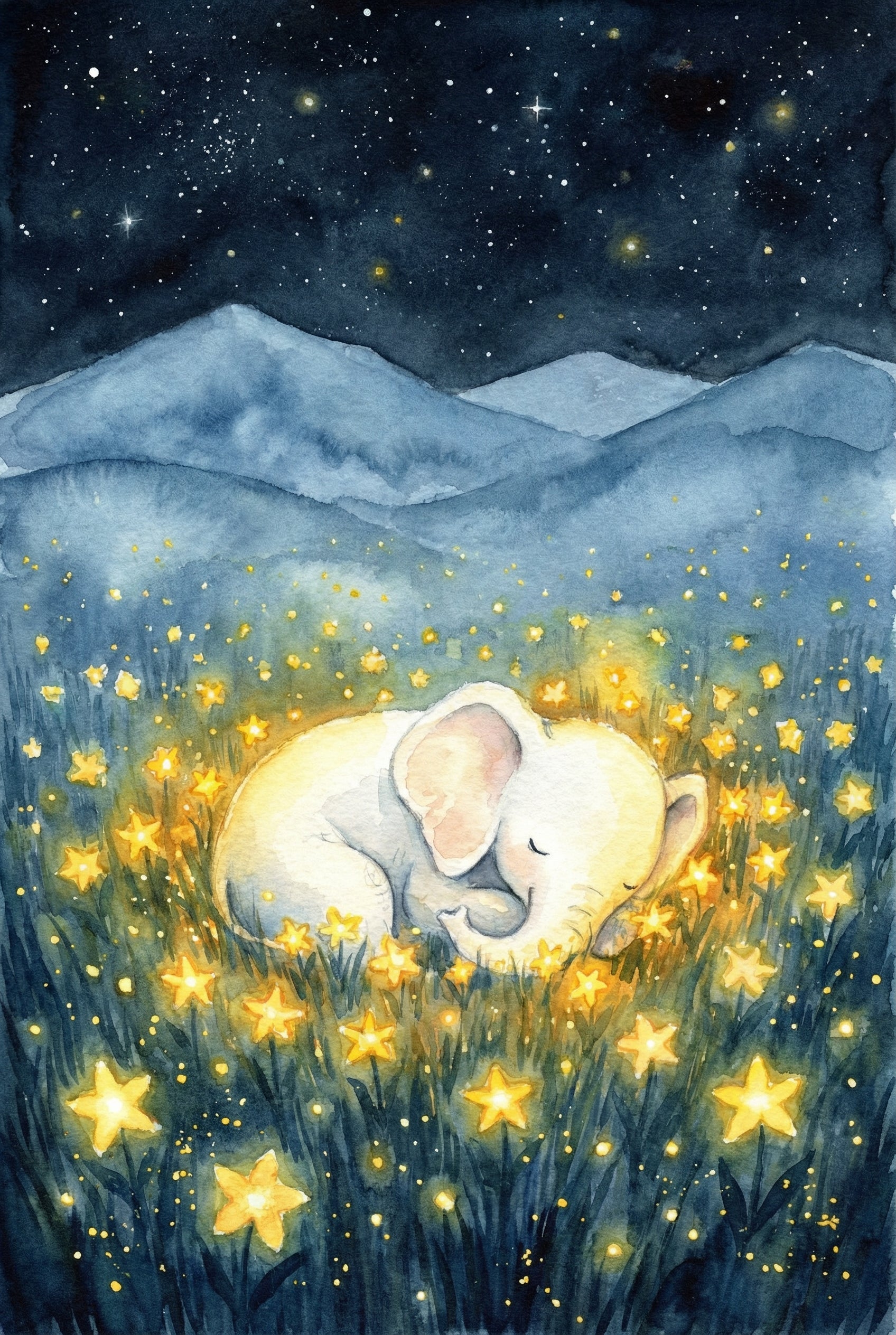 Peaceful Resting Baby Elephant Wall Art - Golden Star Slumber