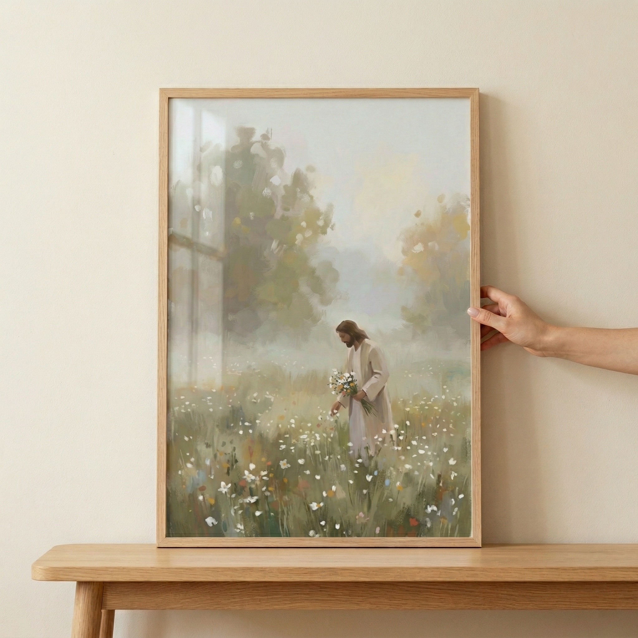 Peaceful Savior Misty Meadow Wall Art - Jesus Gathering Flowers