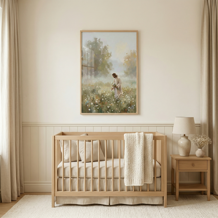 A serene, neutral-toned nursery features a light-colored wooden crib centered beneath a framed artwork. The artwork depicts Jesus Christ walking through a misty meadow filled with wildflowers. On the crib are beige pillows and a textured white knit blanket. To the right, a matching wooden side table holds a cream lamp and a small vase of dried flowers. The room is decorated with soft curtains, cream wainscoting, and a textured white rug, creating a peaceful and calming atmosphere.
