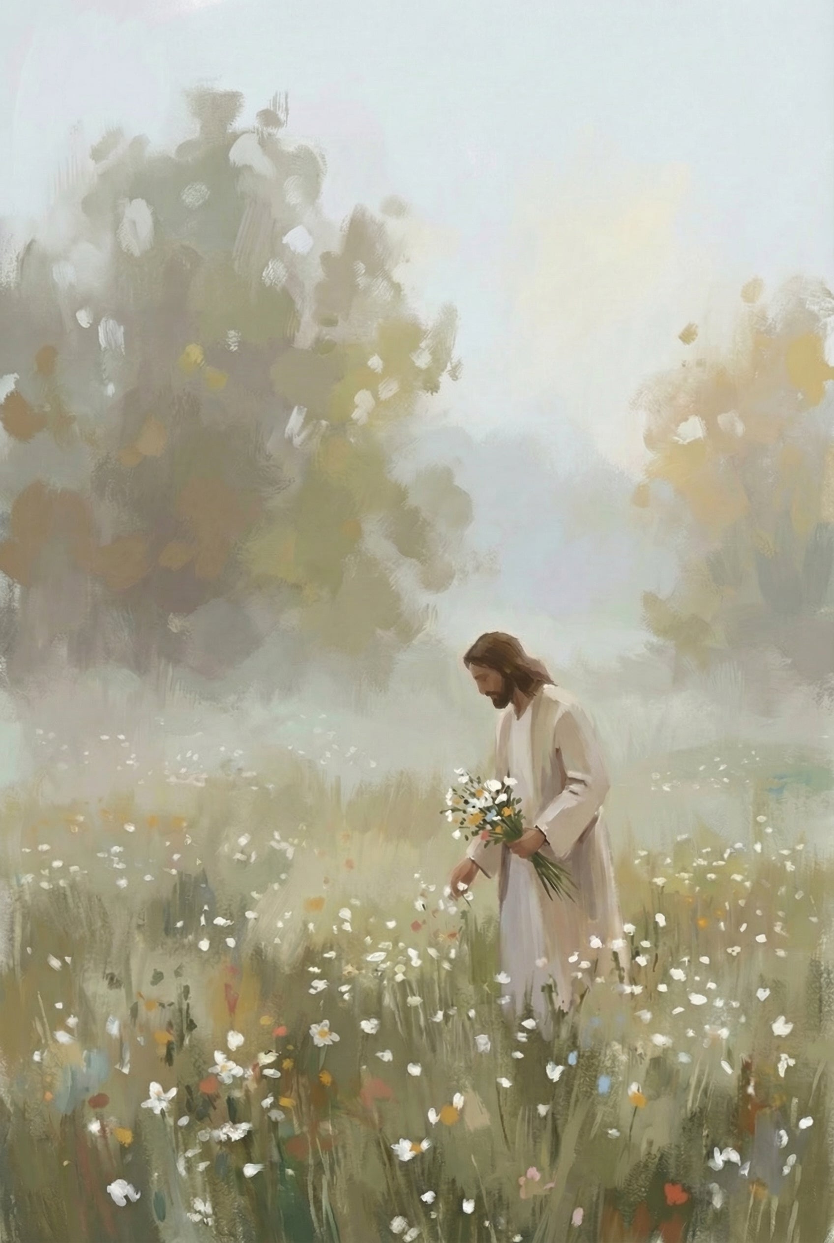 Peaceful Savior Misty Meadow Wall Art - Jesus Gathering Flowers