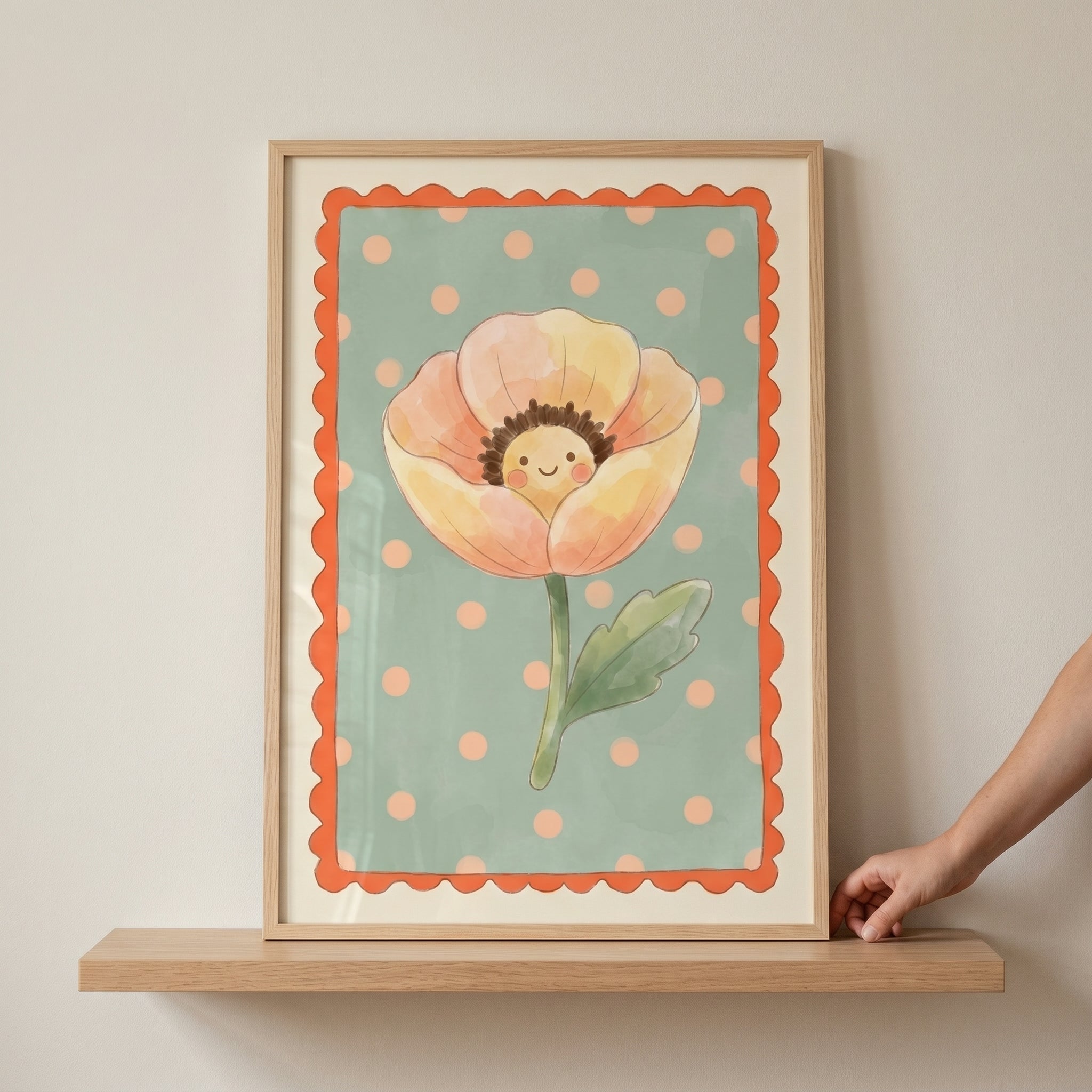 Peach Polka Dot Flower Wall Art - Sweet Smiling Bloom