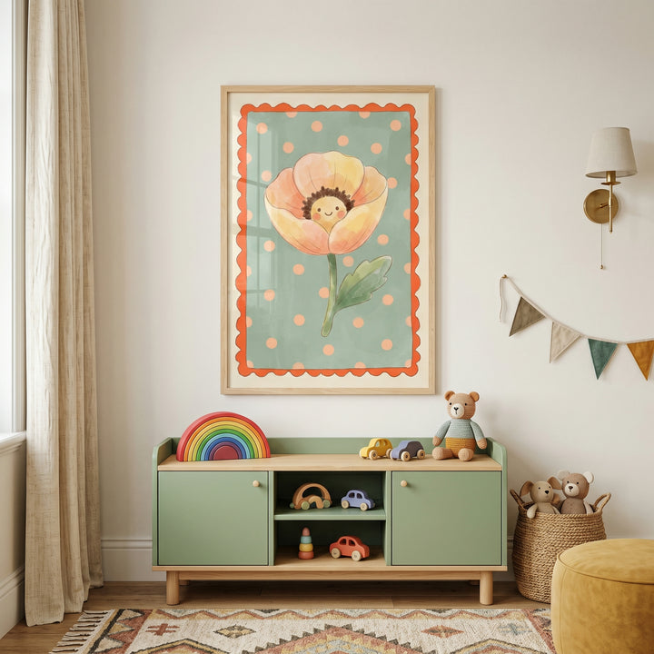 Peach polka dot flower wall art hangs above a green cabinet in a nursery with toys, a teddy bear, and a patterned rug.