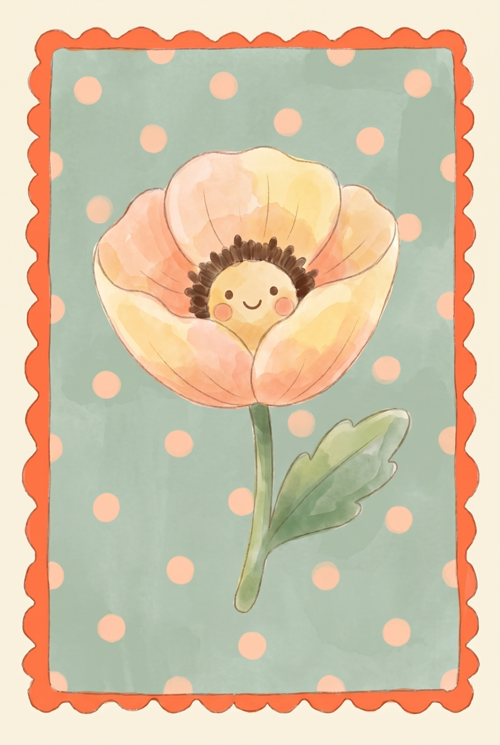 Peach Polka Dot Flower Wall Art - Sweet Smiling Bloom