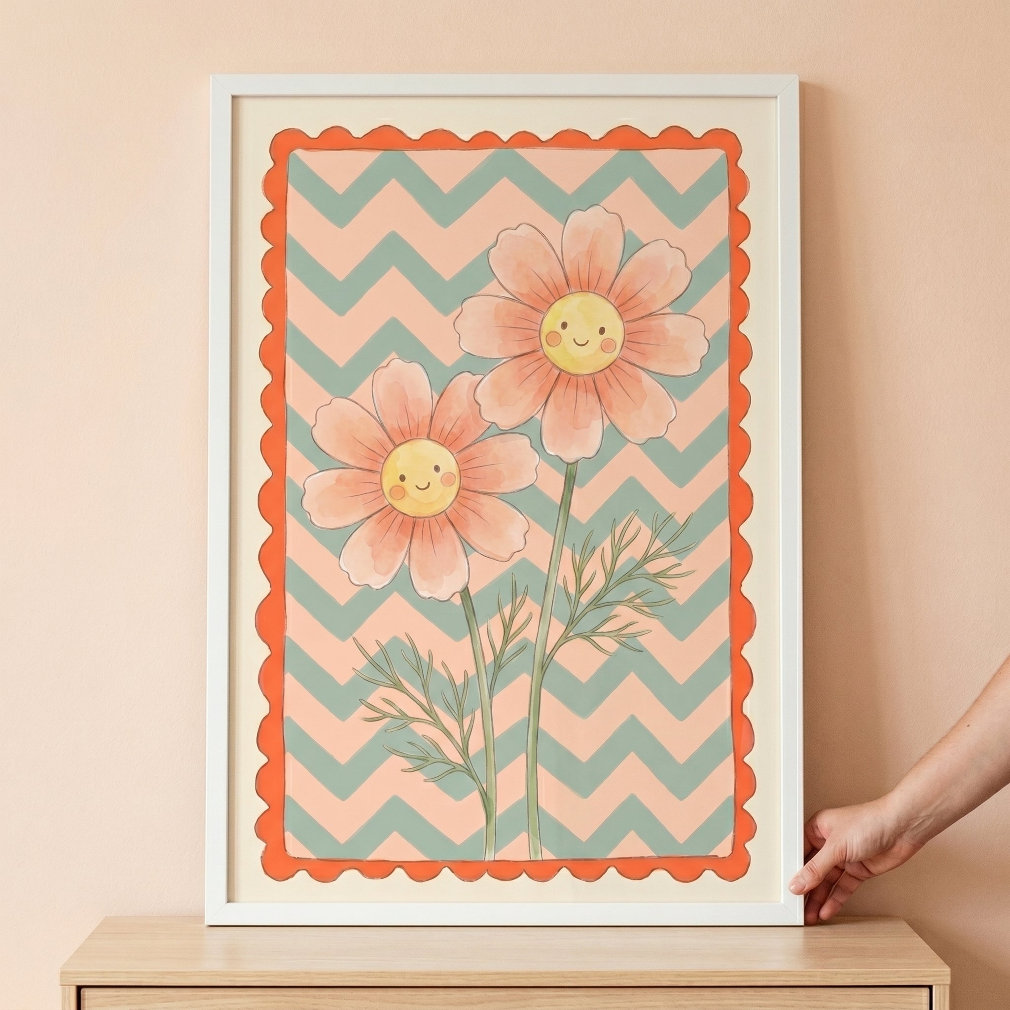 Peach Sage Chevron Daisy Flower Wall Art - Smiling Floral Duo