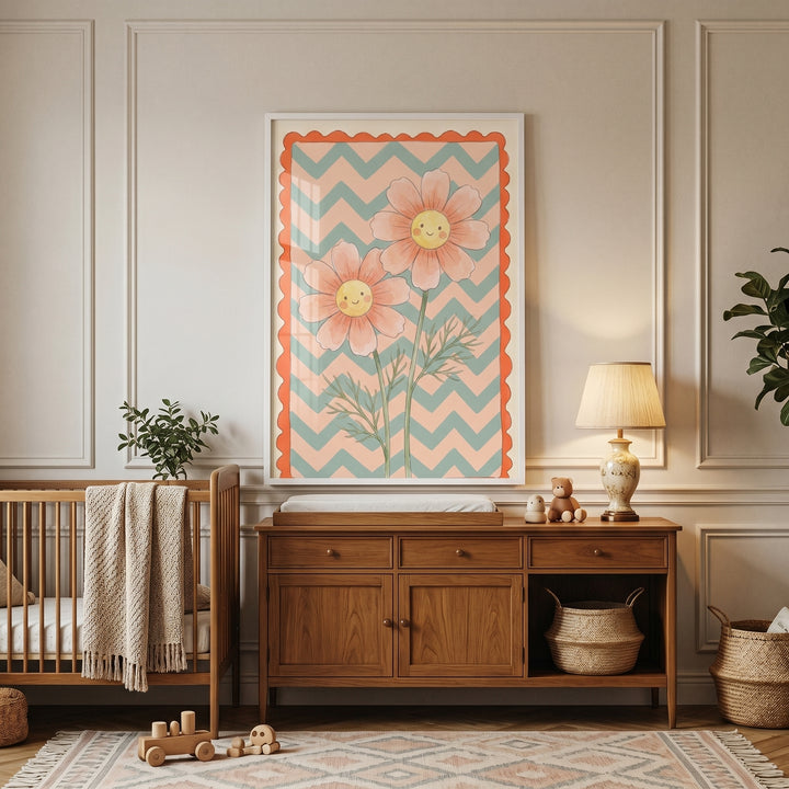 Peach sage chevron daisy flower wall art hangs above a wooden dresser in a nursery with a wooden crib and a patterned rug.
