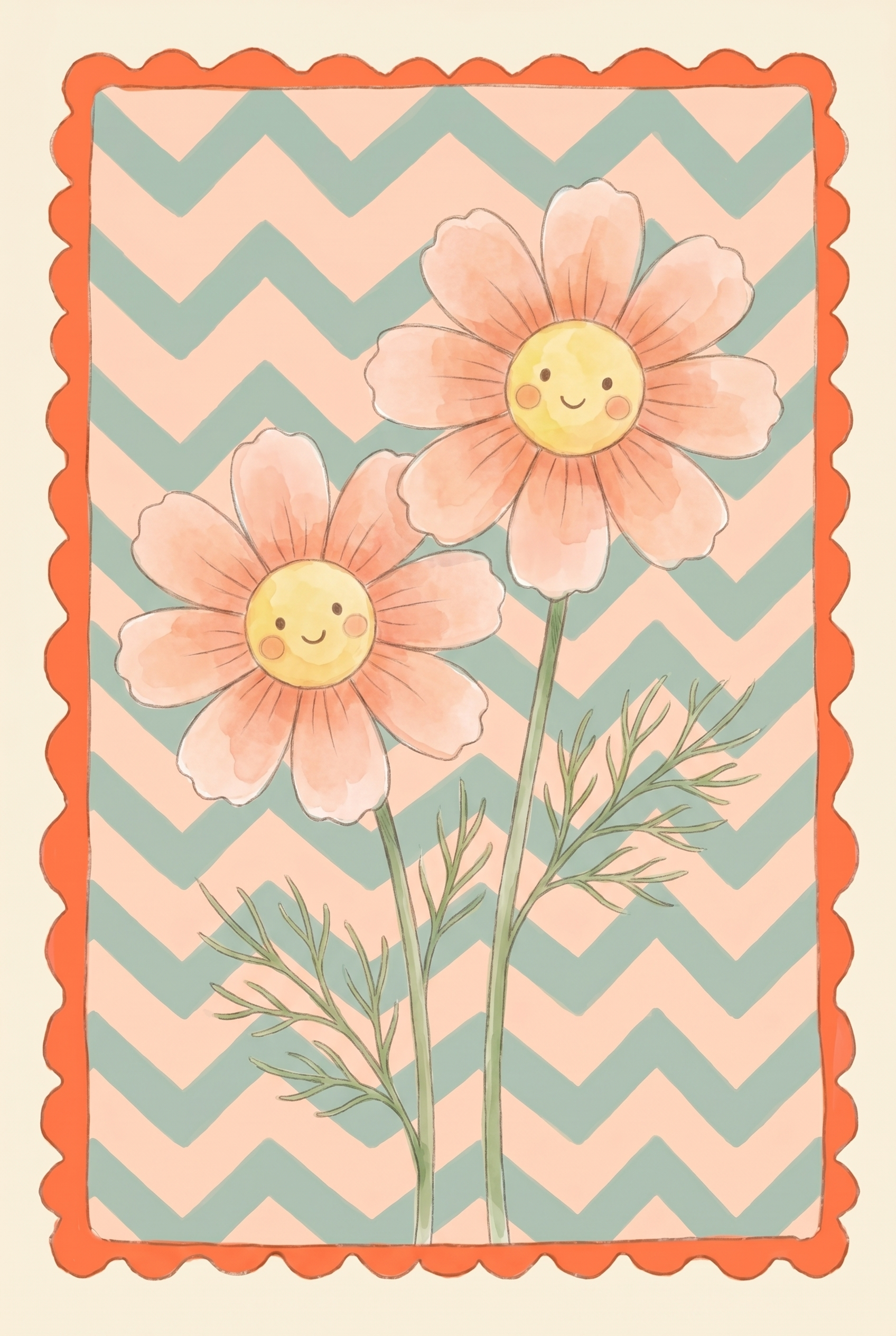 Peach Sage Chevron Daisy Flower Wall Art - Smiling Floral Duo