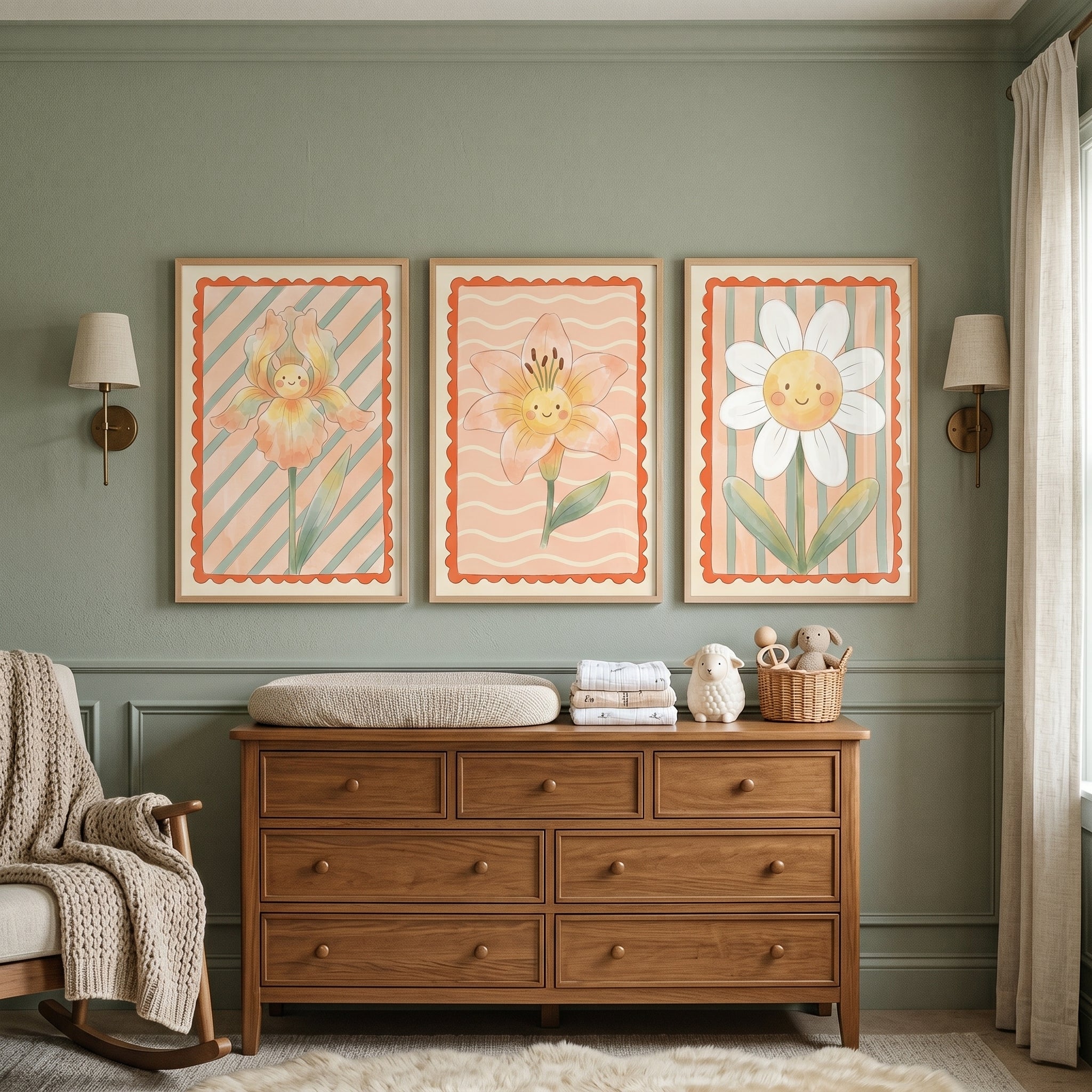 Peach Smiling Flower Wall Art Set of 3 - Floral Friends
