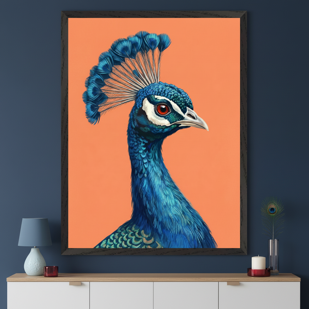 Modern room with a light wood and white dresser against a dark blue wall. A large framed illustration of a blue peacock with a red eye and crested head on an orange background is centered above the dresser.