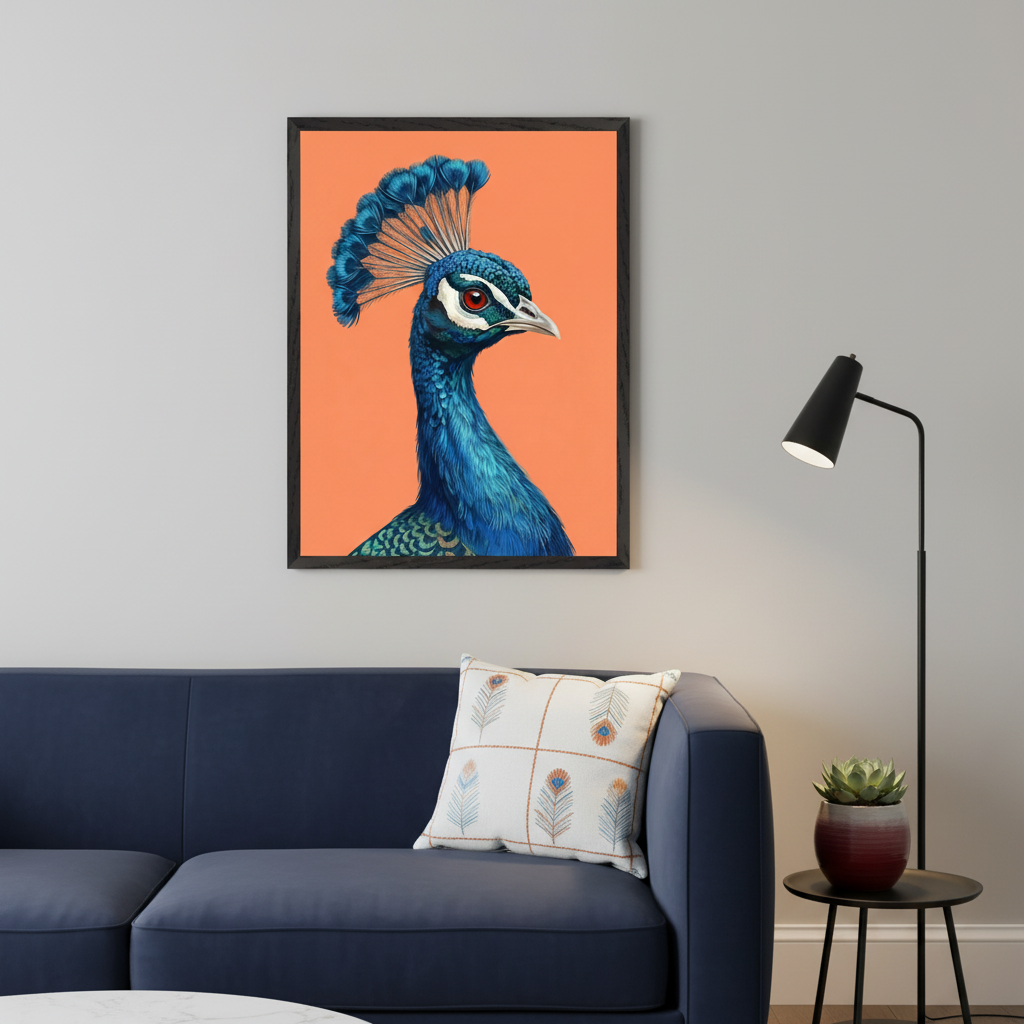 Modern living room with a dark blue sofa. A framed, realistic portrait of a blue peacock with a feathered crown on an orange background hangs above the sofa. A black floor lamp and a small side table with a plant are to the right.