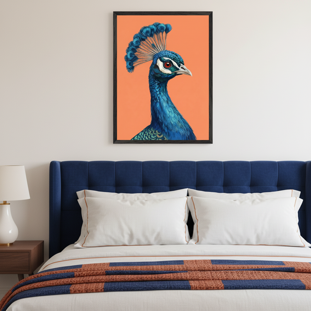 Modern bedroom with a blue upholstered bed, wooden nightstand, and white lamp. A black-framed illustration of a vibrant blue peacock head with a feathery crest on an orange background hangs centered above the bed.