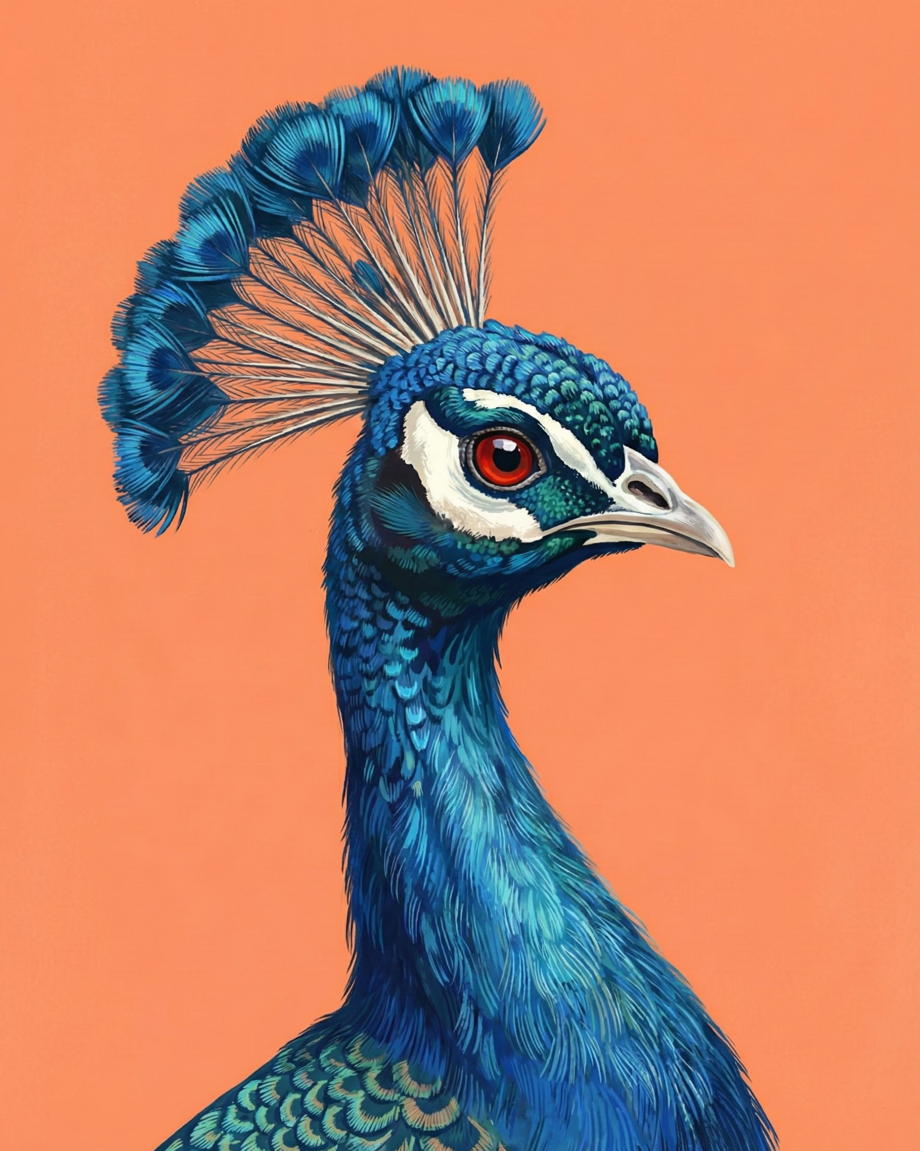 Realistic illustration of a blue peacock with intricate feather detail and a striking crown, set against a solid peach-orange backdrop
