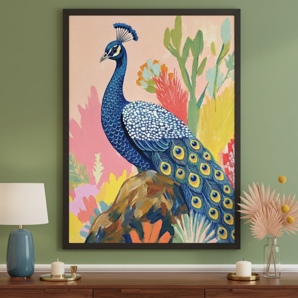 Modern living room with a large framed colorful painting of a blue peacock on a rock surrounded by bright foliage against a pink background, hanging above a dark brown wooden console table.