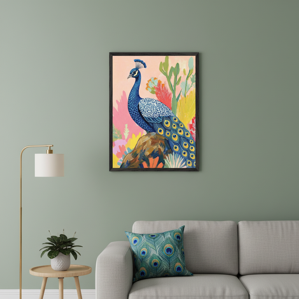 Living room with a gray sofa against a sage green wall. A framed, vibrant illustration of a blue peacock on a rock with colorful plants hangs centered above the sofa. A gold floor lamp and wood side table are on the left.
