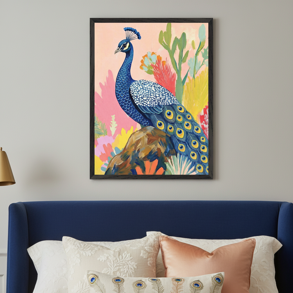 Bedroom with a blue upholstered headboard and cream, peach, and peacock motif pillows. A vibrant framed painting of a blue peacock standing on a rock amidst colorful, abstract foliage hangs centered above the headboard.