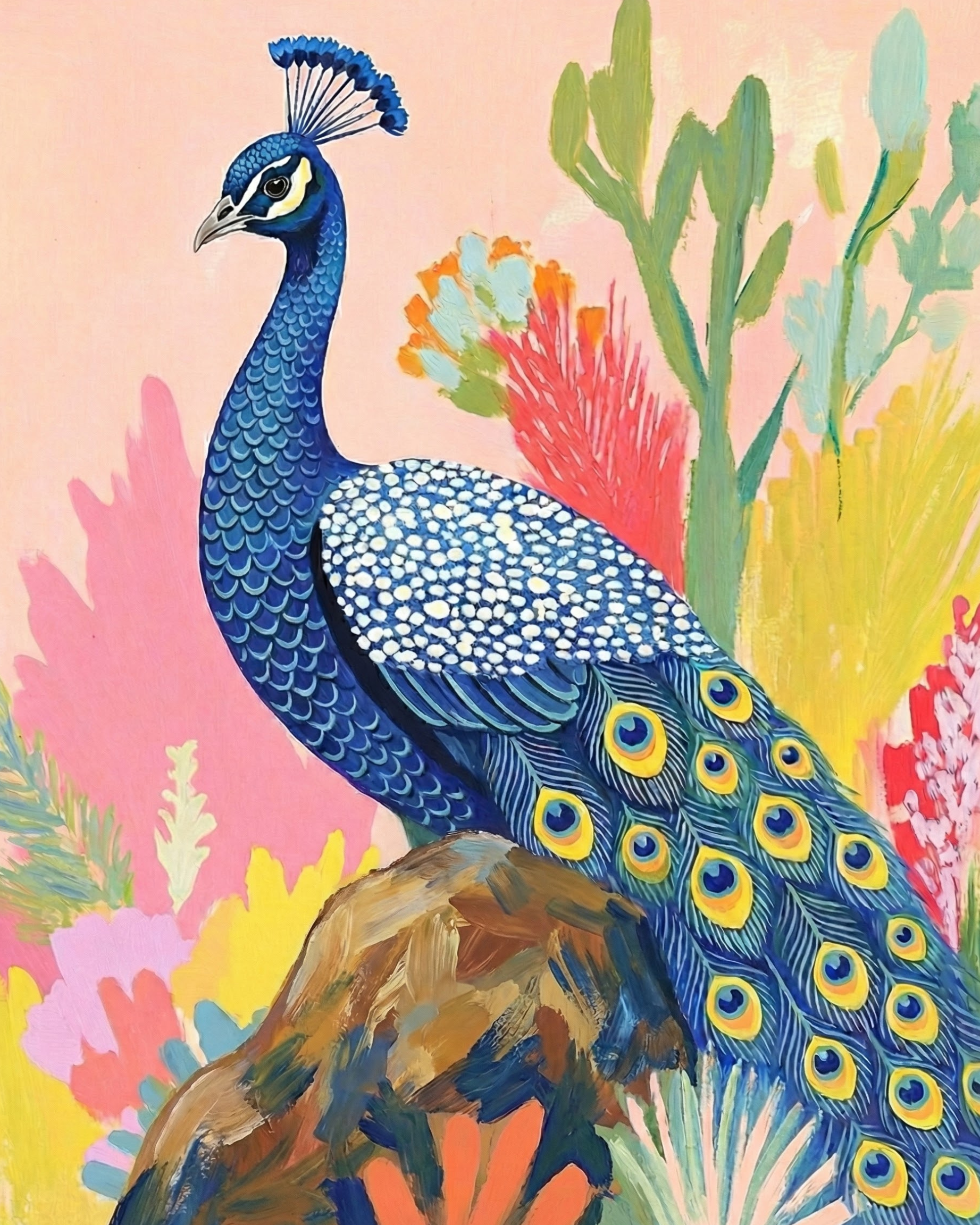 Whimsical painting of a peacock with detailed tail feathers perched on a rock surrounded by abstract pink, yellow, and green foliage
