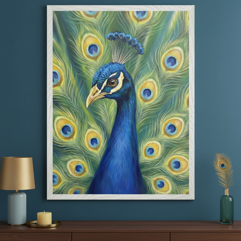 Modern room with a dark brown console table. A large white-framed painting of a blue peacock with fanned green and yellow feathers hangs centered above the table on a teal wall. A lamp, candle, and feather in a vase are on the table.