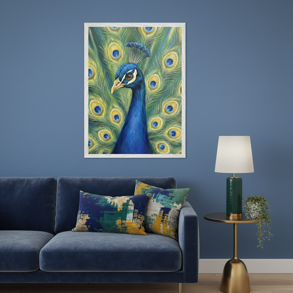 Modern living room with a blue velvet sectional sofa and abstract throw pillows against a blue wall. A large framed realistic painting of a peacock with its vibrant blue body and fanned green and yellow tail feathers hangs centered above the sofa. A side table with a green lamp and a plant is to the right.