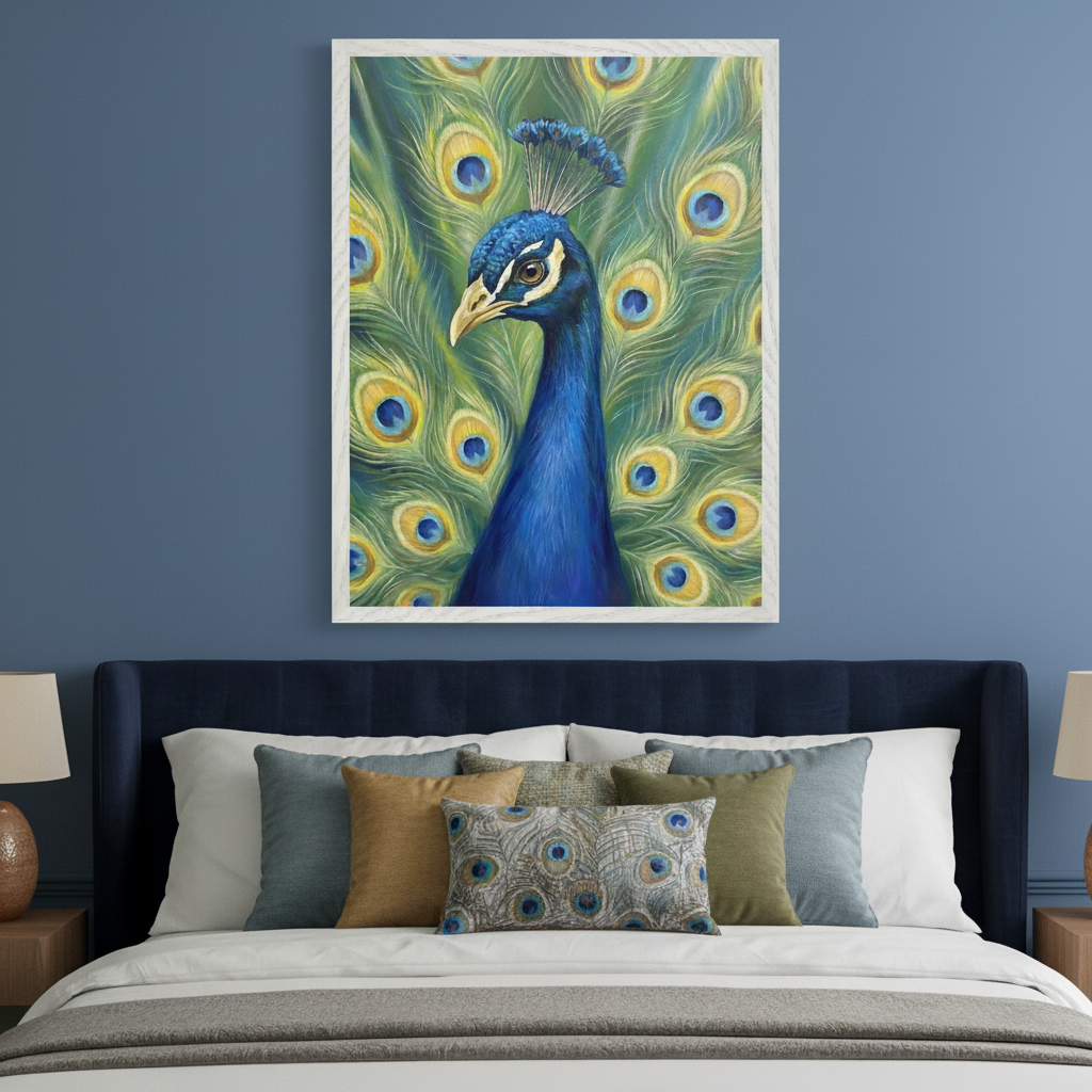 Modern bedroom with a dark blue upholstered bed and a peacock feather accent pillow. A large framed painting of a blue peacock with its tail fanned, in a detailed style, hangs centered above the bed. Wooden nightstands with lamps flank the bed.