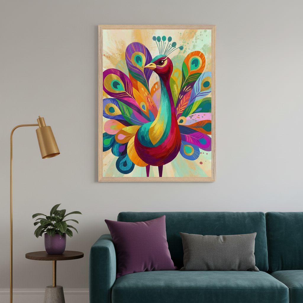 Living room with a teal sofa, gold floor lamp, and a plant on a side table. Framed vibrant, abstract peacock art hangs on the wall above the sofa.