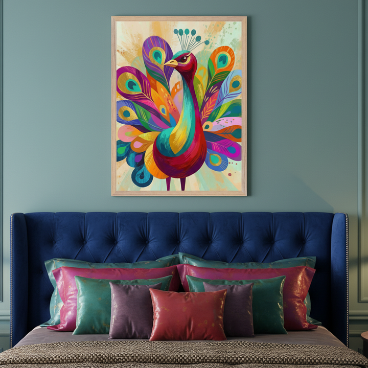 Bedroom with a dark blue tufted headboard bed and colorful pillows. Above the bed hangs a framed print of a brightly colored, stylized peacock with vibrant, abstract feathers against a light, painterly background on a teal wall.
