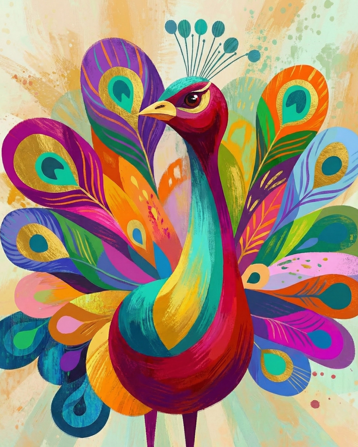 Vibrant artwork of a stylized peacock with exaggerated, multicolored feathers in bold shades of blue, pink, orange, and green against a textured pastel background
