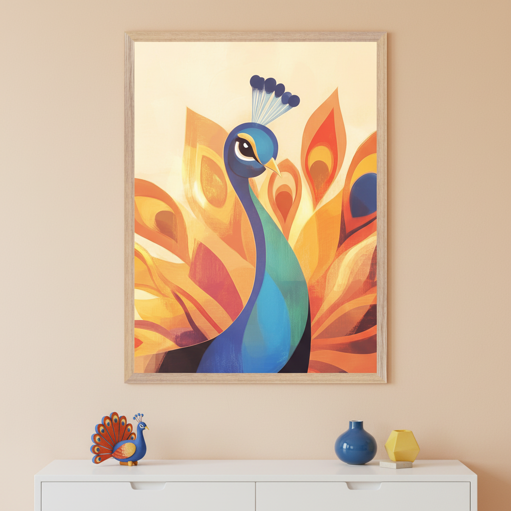 Modern room with a light peach wall. A framed print of a stylized blue peacock with vibrant orange and yellow feather bursts hangs centered above a white dresser. A small peacock figurine, a blue vase, and a yellow geometric object are on the dresser.