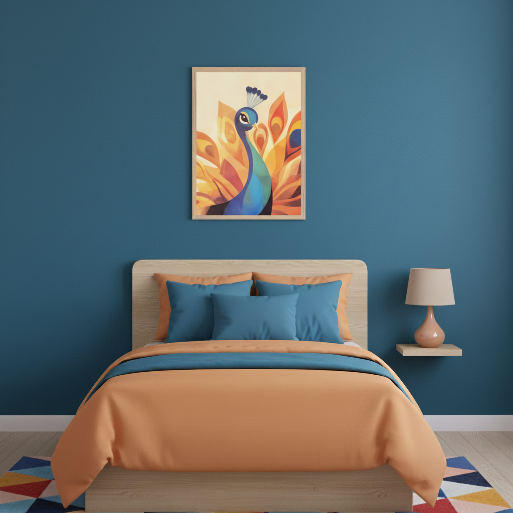 Modern bedroom with a wooden bed, orange and blue bedding. A large framed print of a stylized blue and orange peacock is centered above the bed on a blue wall. A peach lamp on a floating shelf is to the right. A colorful geometric rug is on the floor.