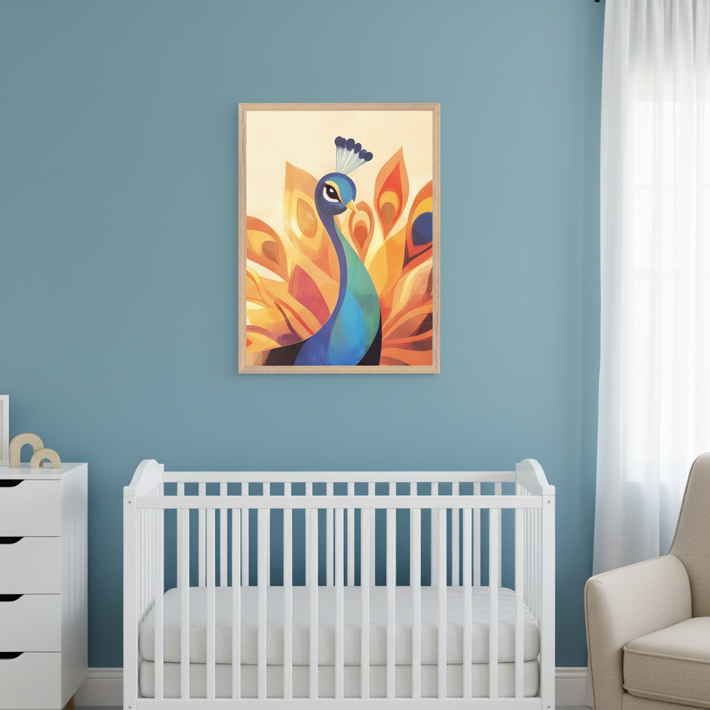 Modern nursery with a white crib, dresser, and beige armchair. A framed, stylized illustration of a blue and green peacock with orange and yellow feathers hangs centered above the crib on a teal wall.