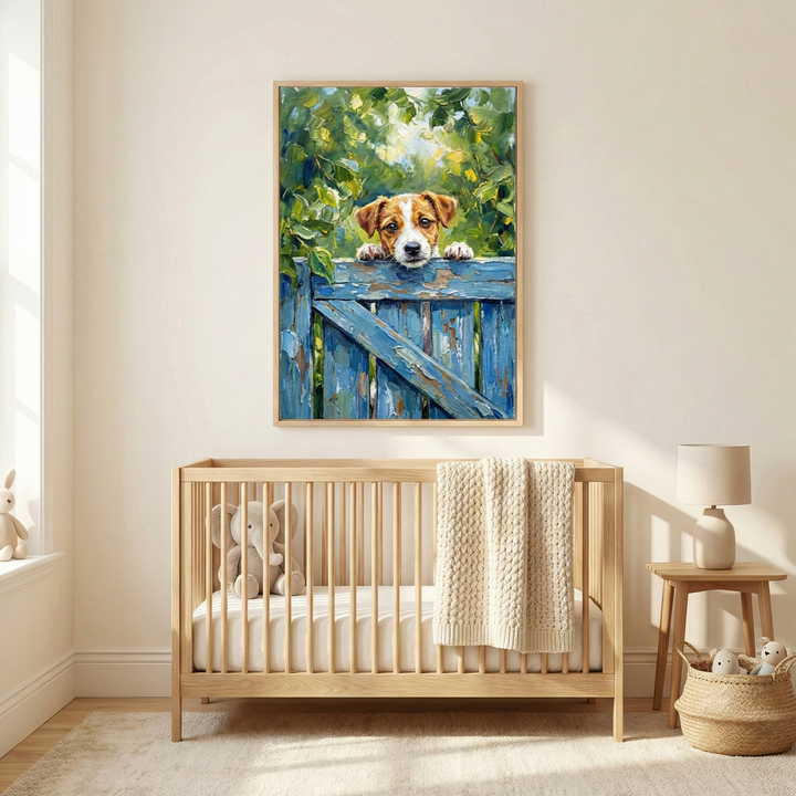 Framed impressionist style wall art of a brown and white puppy peeking over a weathered blue wooden fence, surrounded by lush green leaves and soft sunlight filtering through the trees. The playful countryside scene hangs above a light wood crib with a knit blanket and plush toys, adding warmth and charm to a cozy nursery.