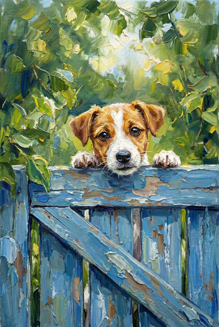 Impressionist style painting of a brown and white puppy peeking over a weathered blue wooden fence, its small paws resting on the chipped paint as it gazes forward with wide, curious eyes. Lush green foliage and dappled sunlight fill the background, creating a warm, playful outdoor scene with rich textured brushstrokes.