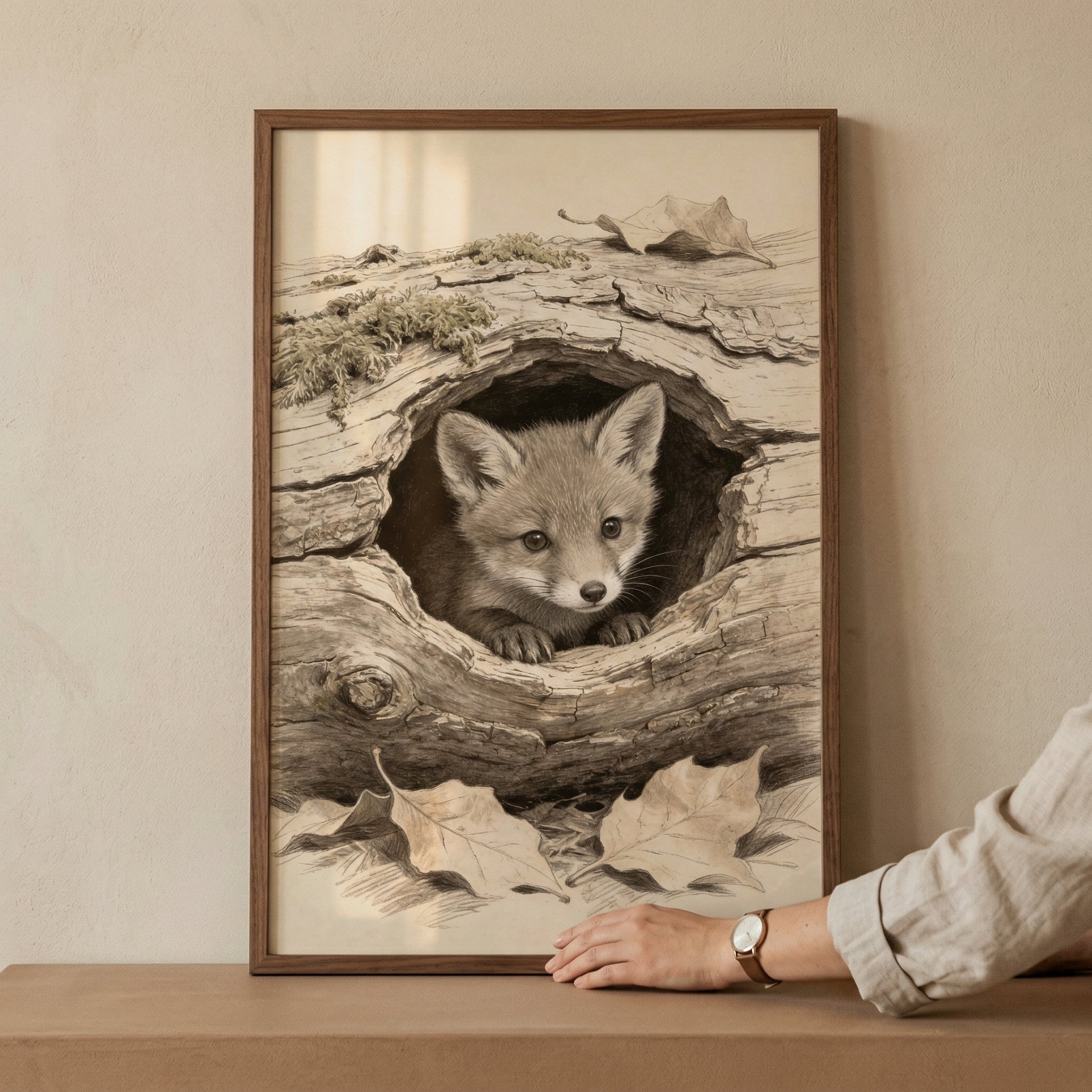 Peeking Hollow Log Fox Wall Art - Little Fox Peeking