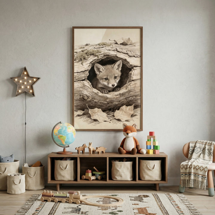 Framed pencil style illustration of a fox peeking out from a hollow log hangs above a wooden toy shelf in a cozy nursery. A glowing star wall light, globe, stuffed fox, and neatly arranged toys create a warm and playful woodland themed space.