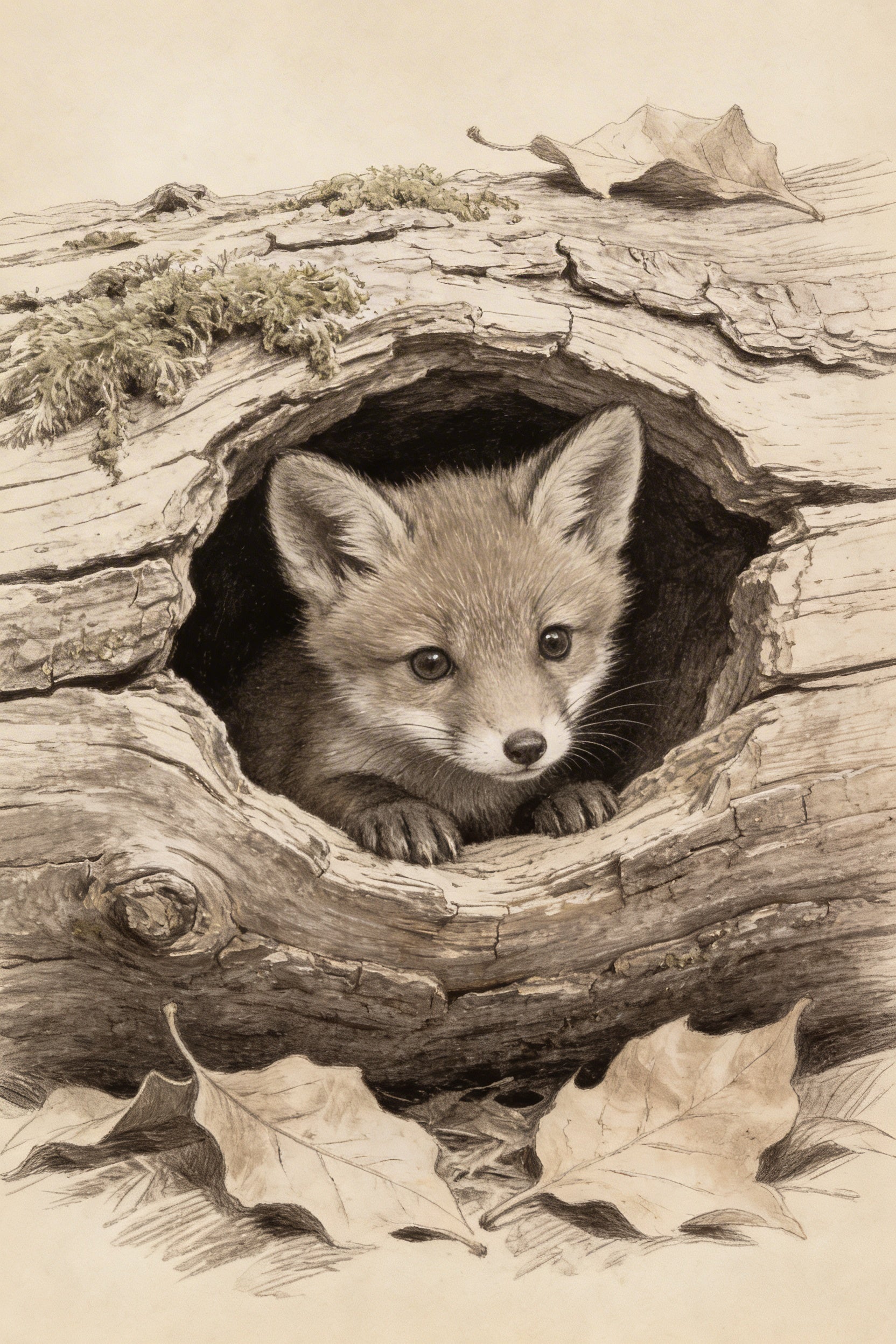 Peeking Hollow Log Fox Wall Art - Little Fox Peeking
