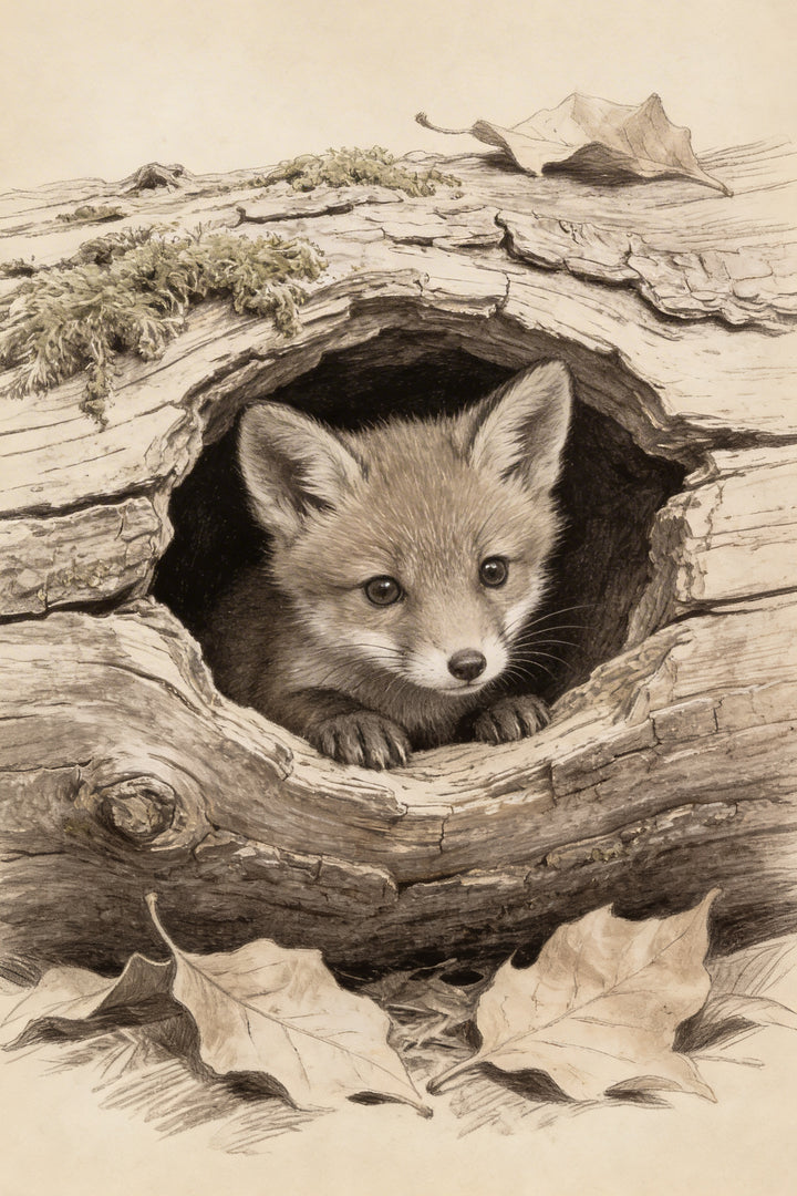 A sepia-toned detailed drawing of a fox cub peering from the hollow of a textured log. The kit has soft fur, large dark eyes, and small paws resting on the edge. The log features rough bark and mossy patches. Several dry, fallen leaves are scattered on the ground, with another resting on top of the log. This naturalistic illustration uses fine line work and shading to create a realistic and gentle forest scene.