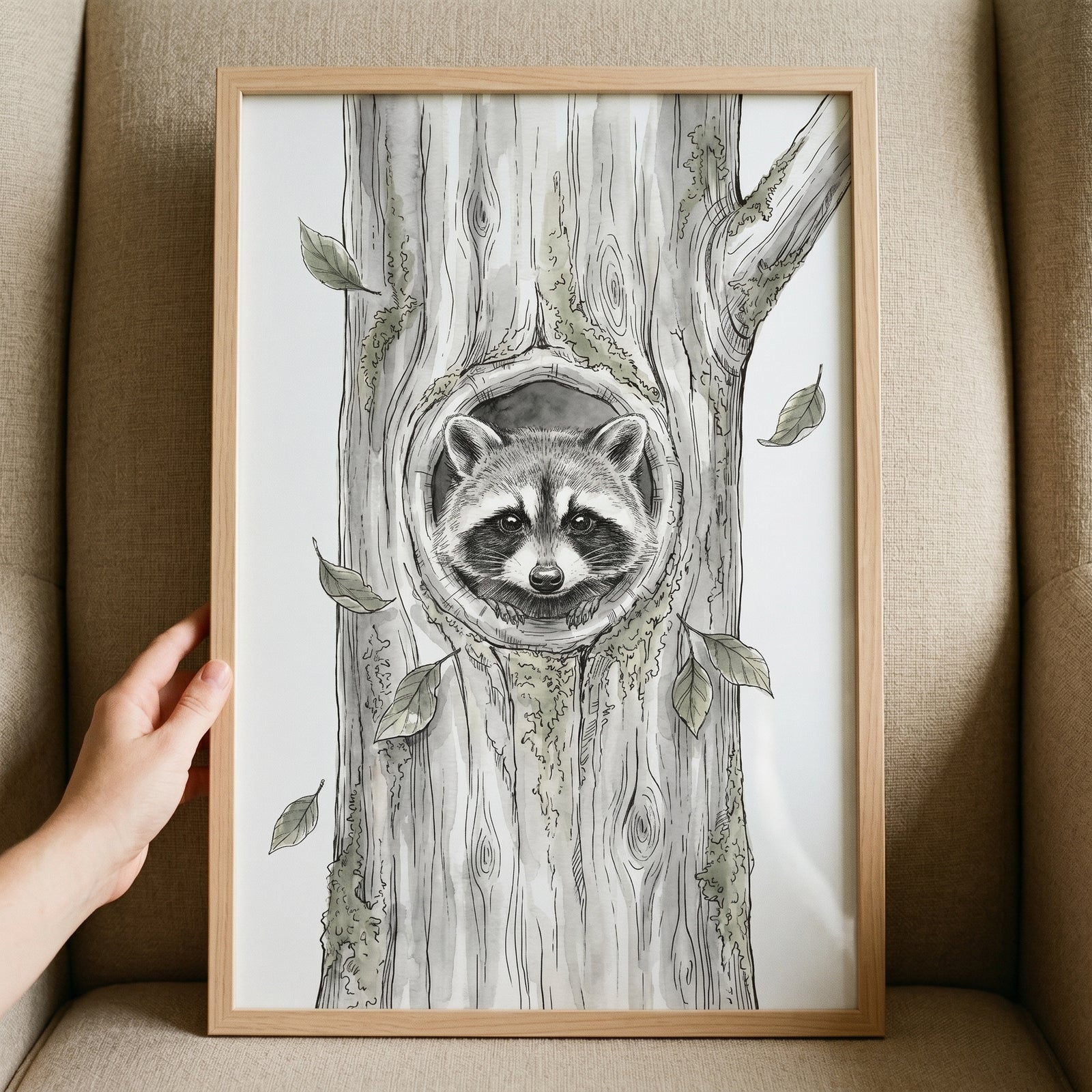 Framed peeking tree hollow raccoon wall art with leaves, held by a hand against a neutral chair.