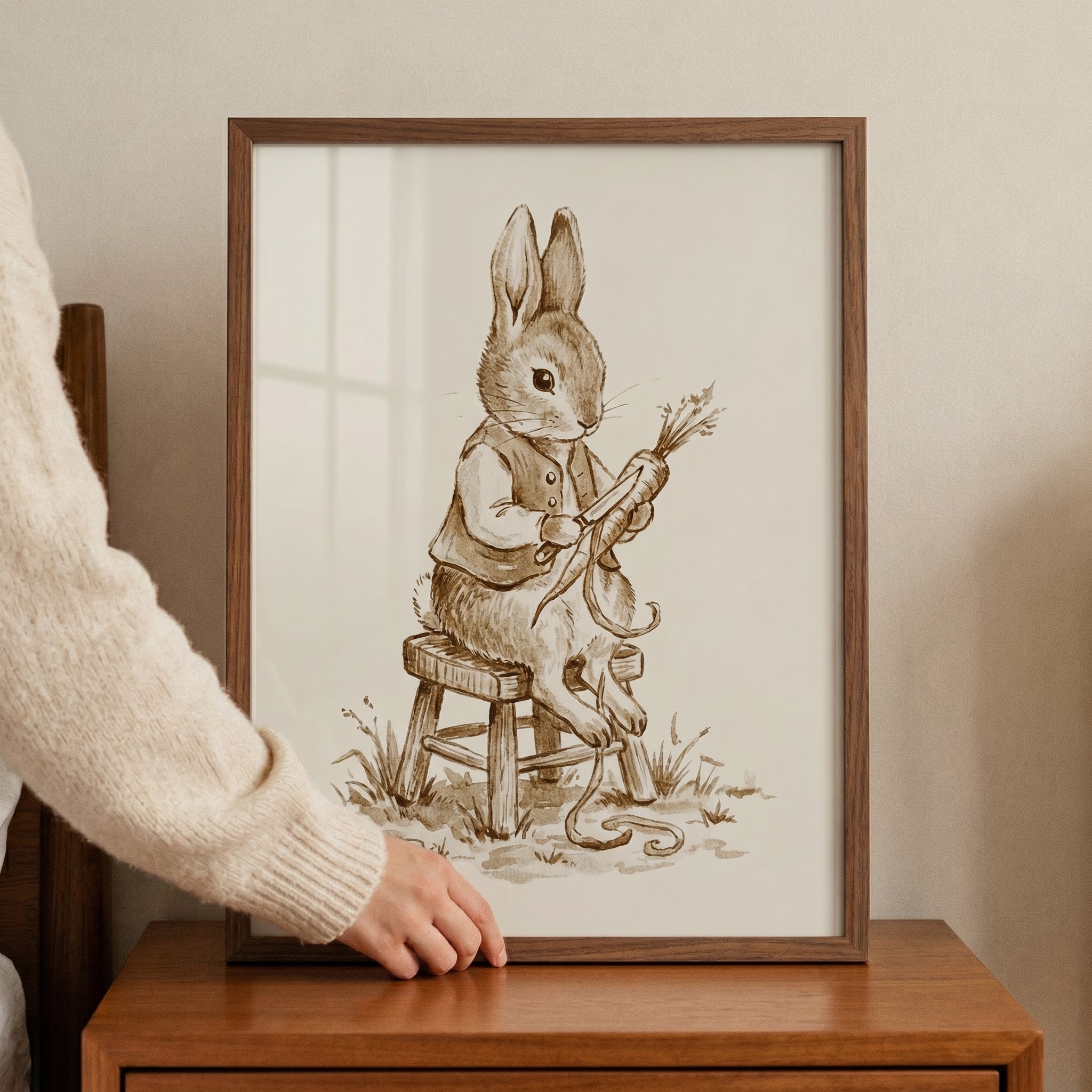 Peeling Carrot Waistcoat Bunny Wall Art - Classic Rabbit Sketch