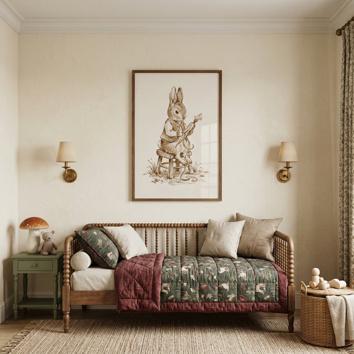 Peeling carrot waistcoat bunny wall art hangs above a spindle daybed with a mushroom lamp on a green side table.