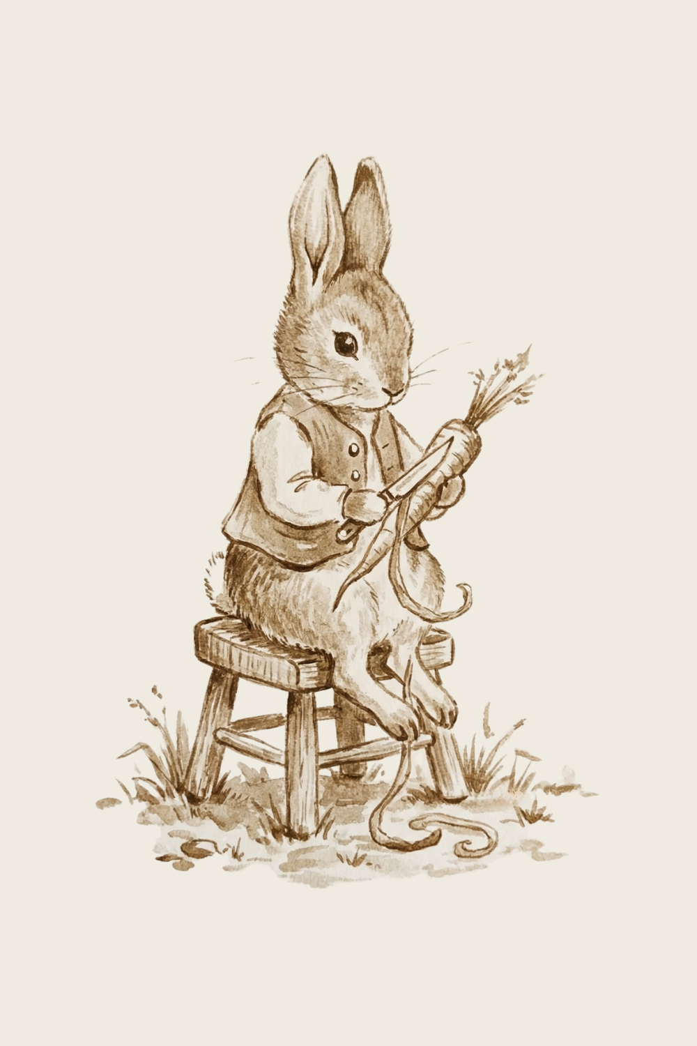 Peeling Carrot Waistcoat Bunny Wall Art - Classic Rabbit Sketch