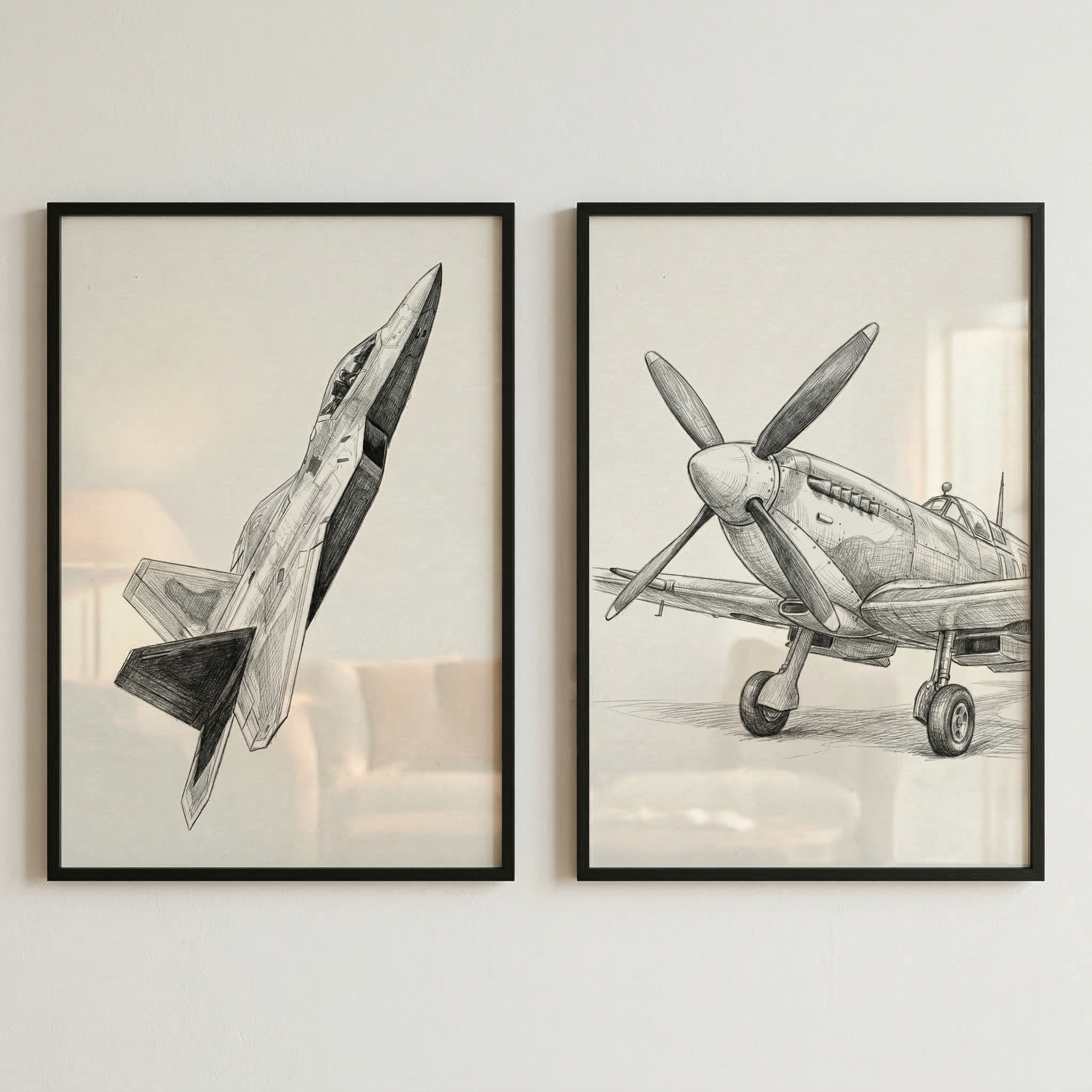 Pencil Sketch Airplane Wall Art Set of 2 - Wings Through Time