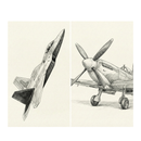 Two pencil drawings compare modern and vintage aircraft side by side. On the left, a fighter jet climbs sharply upward with its nose pointed almost straight up. On the right, a propeller plane is shown close up on the ground with its landing gear down and broad front blades dominating the view.
