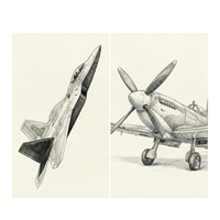 Two pencil drawings compare modern and vintage aircraft side by side. On the left, a fighter jet climbs sharply upward with its nose pointed almost straight up. On the right, a propeller plane is shown close up on the ground with its landing gear down and broad front blades dominating the view.
