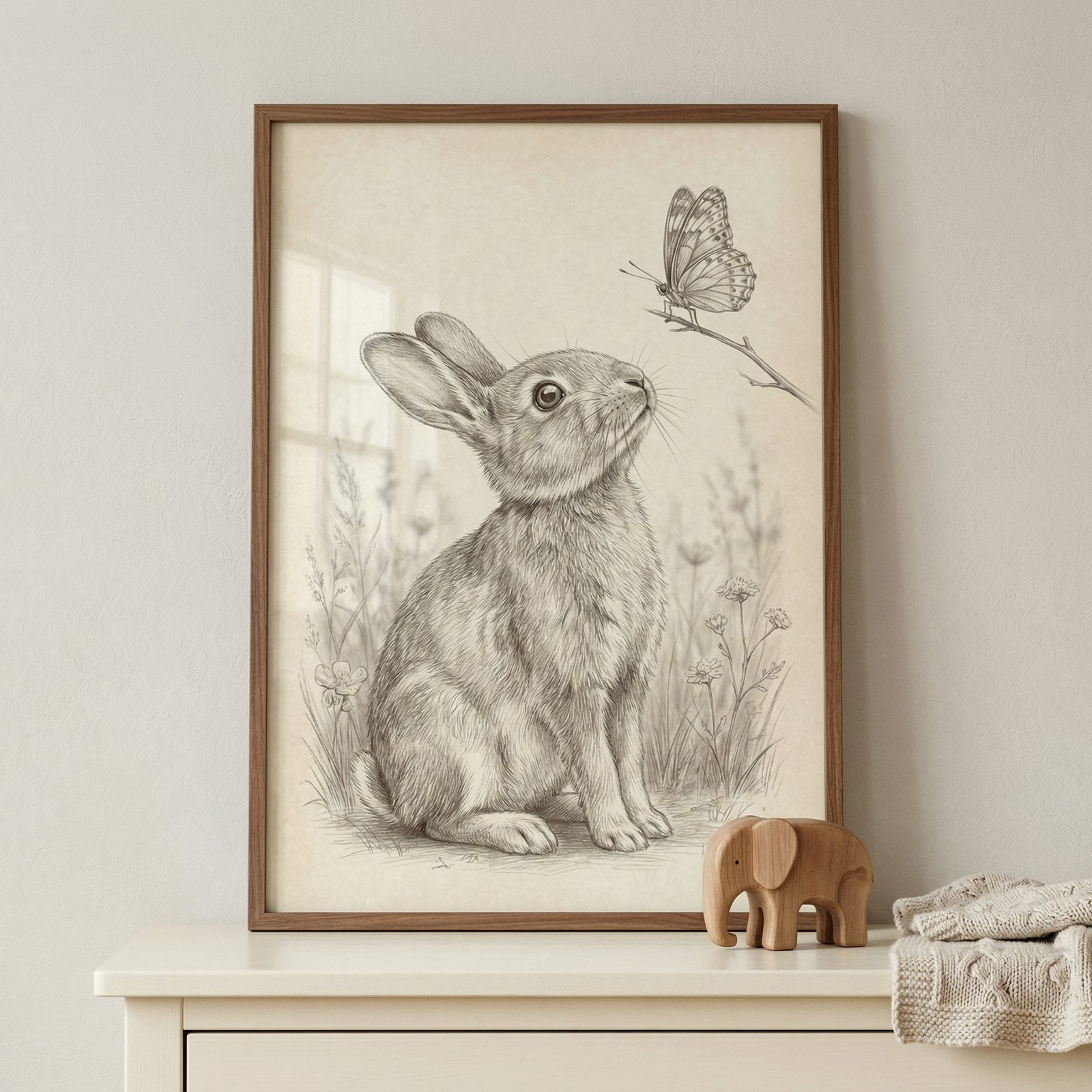 A detailed pencil sketch of a sitting rabbit looking up at a butterfly perched on a thin twig. The rabbit is surrounded by fine, delicate drawings of tall grass and small wildflowers. The artwork is created with graphite on a neutral, off-white background, featuring intricate linework, soft cross-hatching, and realistic shading. The style is reminiscent of a classic storybook illustration, capturing a peaceful moment in nature. The sketch is shown in a simple, thin wooden frame.