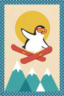 A cheerful cartoon penguin wearing orange ski goggles performs a ski jump with crossed red skis in front of a large yellow sun and snow-capped mountains.
