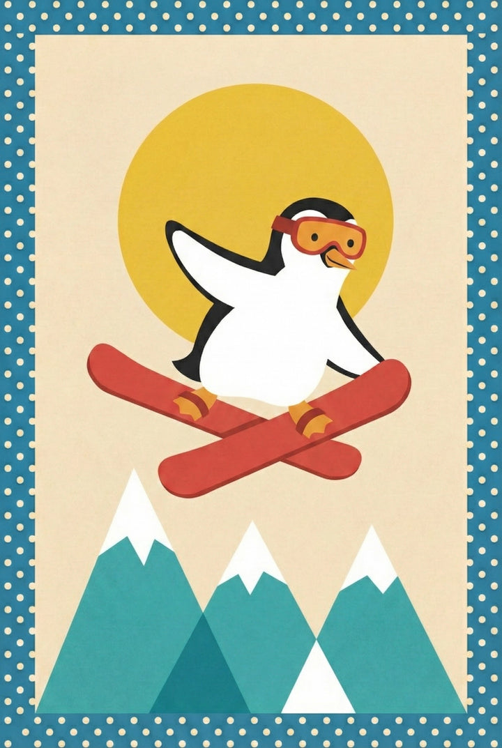 A cheerful cartoon penguin wearing orange ski goggles performs a ski jump with crossed red skis in front of a large yellow sun and snow-capped mountains.
